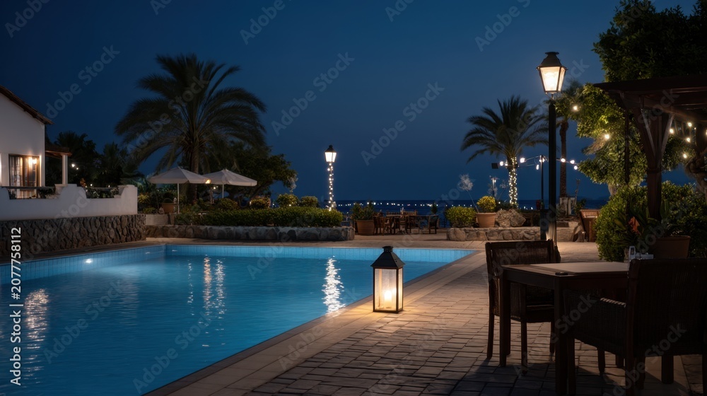 Fototapeta premium Illuminated Pool at Night Surrounded by Lanterns and Fairy Lights in Tranquil Setting