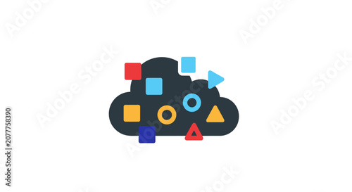 Cloud computing data illustration with diverse shapes representing information storage and
