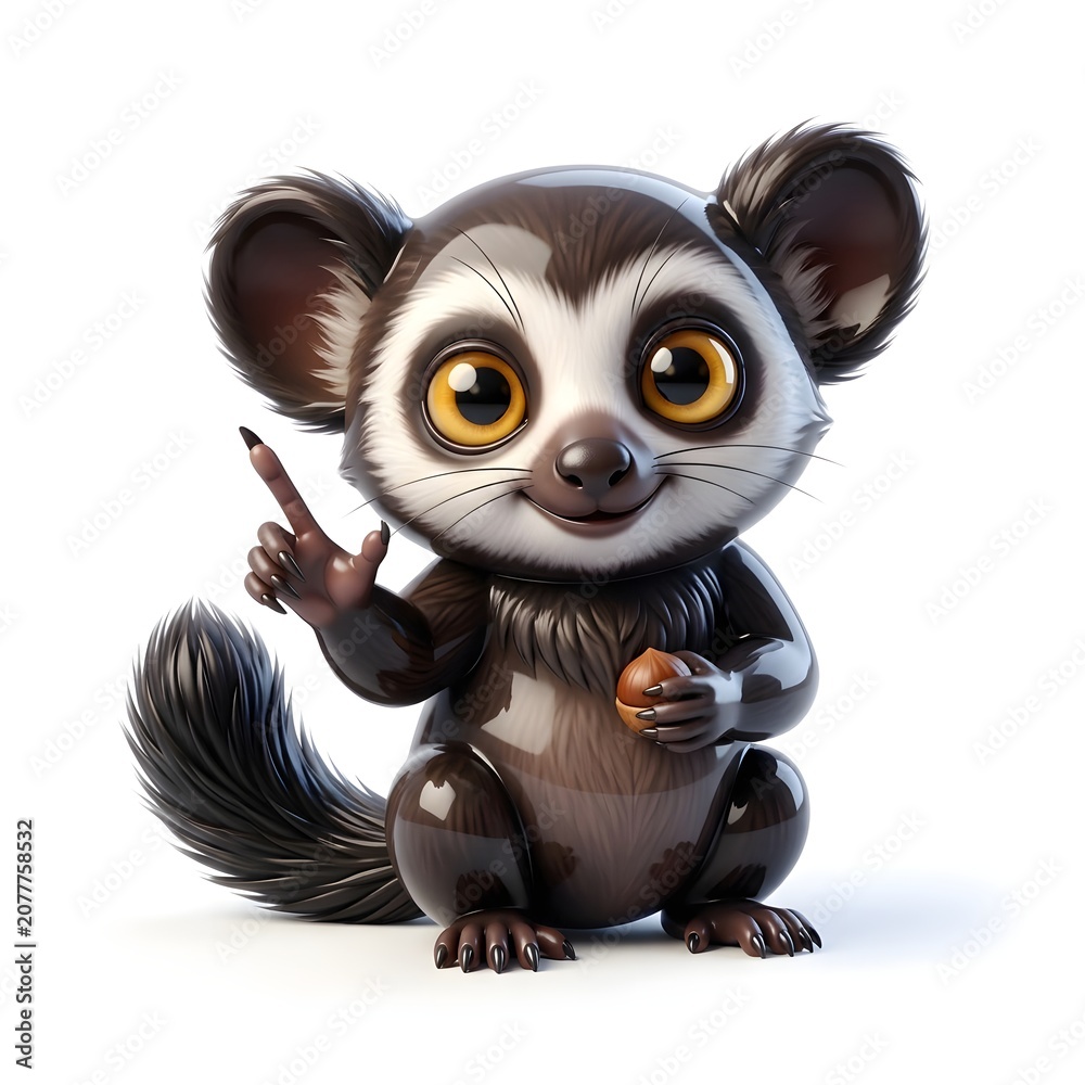 Fototapeta premium Cute cartoon lemur animal character pointing finger holding nut
