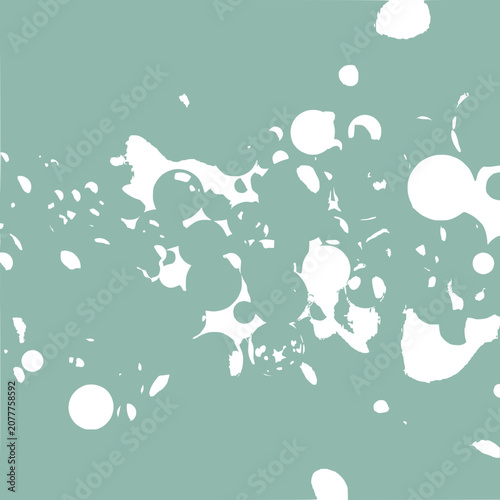 Abstract white paint splatters and circles on muted green background
