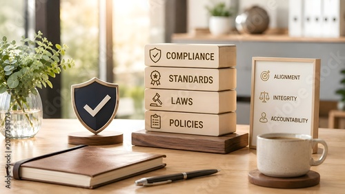 Business ethics and compliance concept with stacked wooden blocks, protective shield and integrity sign on bright office desk with coffee
