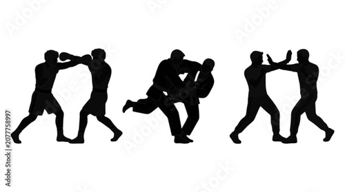 Silhouette of people fighting and falling in sequence