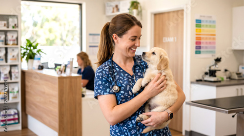 Smiling-veterinary-technician-gently-holding-a-puppy-in-her-arms