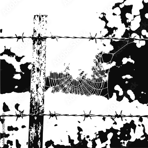 Barbed Wire Fence with Spiderweb, Black and White Graphic Art