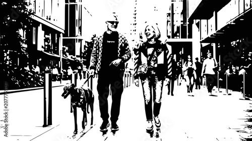 Couple walking dog in urban setting, high contrast black and white graphic style