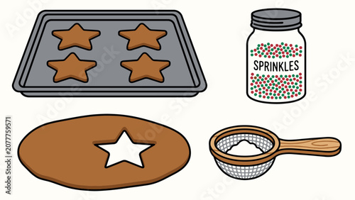 Tableau sur toile Holiday baking scene with star cookies sprinkles dough and flour sifter illustra