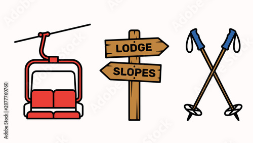 Red ski lift chair wooden signpost and crossed ski poles in snowy mountain resort illustration