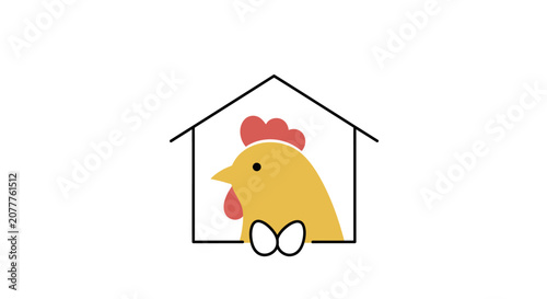 A simple illustration of a yellow chicken inside a small house structure
