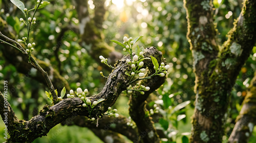 Fototapeta premium Orange blossom buds cluster on a gnarled tree branch, illuminated by soft sunlight in a garden setting.