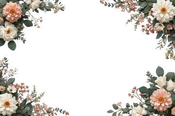 Delicate floral frame creating a border with dahlias, roses, eucalyptus, and baby's breath on transparent background