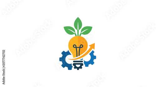 A creative icon showing a lightbulb with green leaves and mechanical gears