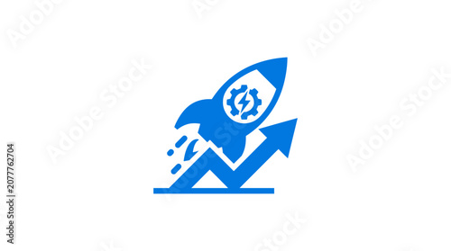 A blue icon showing a rocket launching upward with a gear symbol
