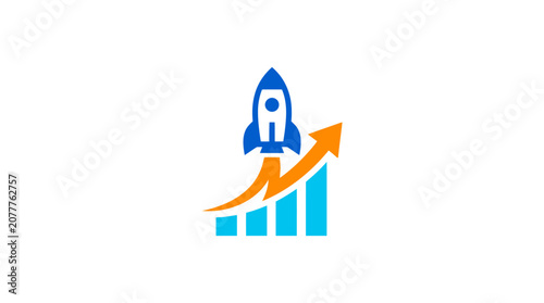A blue rocket launching upward from a rising financial bar chart graphic