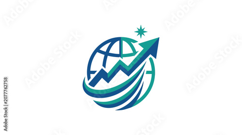 A blue and green graphic icon showing a globe with an upward growth arrow