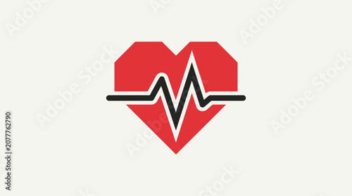 A red geometric heart shape with a black pulse line on a light background