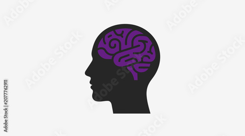A profile view of a human head silhouette featuring a stylized purple brain icon