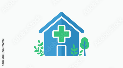 A flat vector illustration of a medical clinic building with green foliage