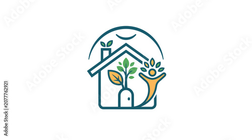 A minimalist icon showing a house with a plant and a happy person