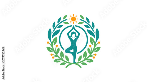 A stylized graphic of a person practicing yoga inside a circular floral wreath
