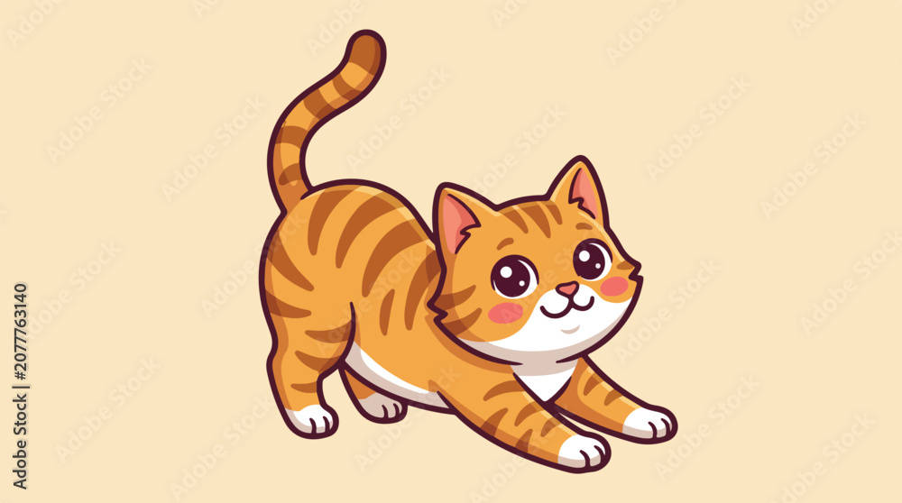 Fototapeta premium Cute Cartoon Orange Tabby Cat Stretching with a Happy Expression.
