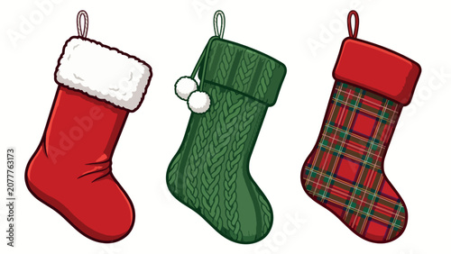 Three traditional Christmas stockings with festive patterns and textures hanging side by side