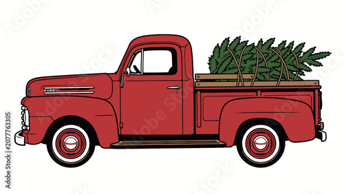 Fotografija Vintage red pickup truck carrying green pine tree with nostalgic festive charm