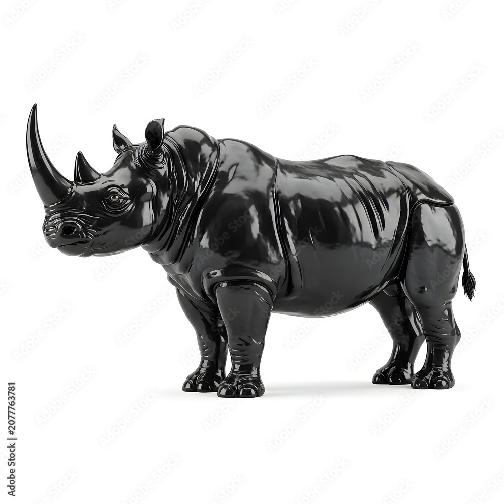 Fototapeta premium Glossy black rhinoceros sculpture on white background
