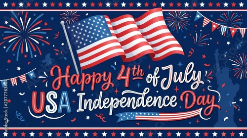 USA Independence Day Greeting Banner with Patriotic American Flag