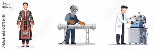 Fusion of Silk Road Culture, Welding Craftsmanship, and Modern Science in Flat Illustration