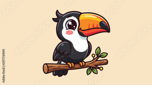 Cute cartoon toucan bird sitting on a tree branch with large colorful beak and big eyes.
