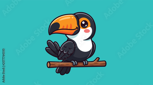 Cute cartoon toucan bird perched on a branch with a teal background.