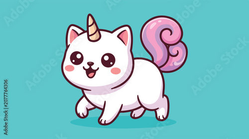 Cute cartoon white cat with a unicorn horn and a pink fluffy tail, walking happily.