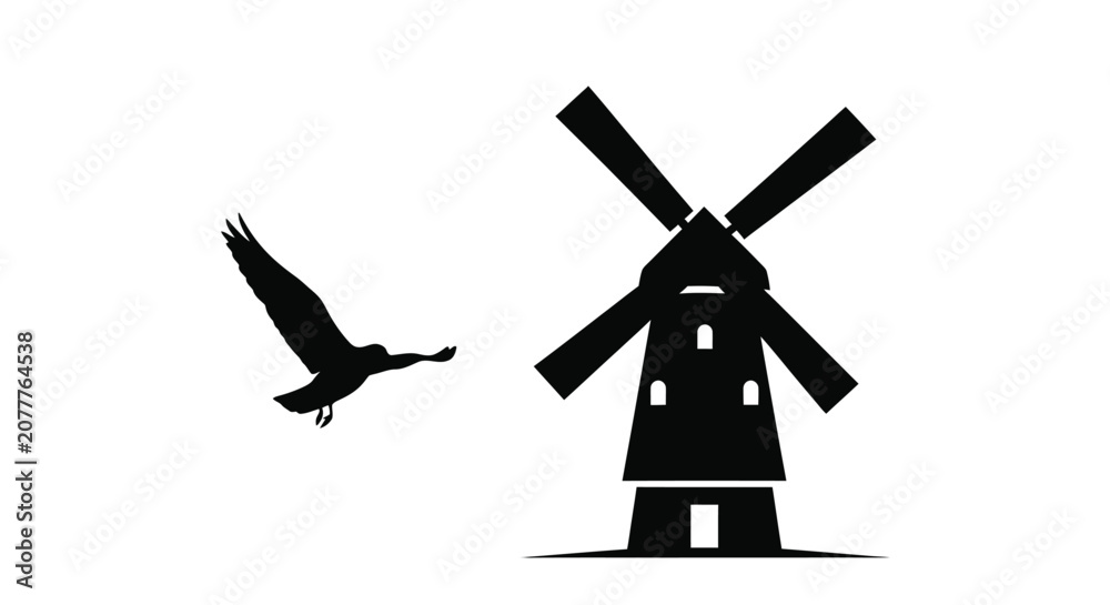 Fototapeta premium Windmill And Flying Bird Silhouette Against White Background