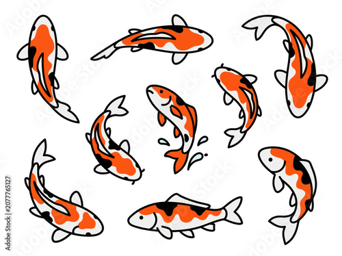A collection of hand drawn koi fish illustrations in various swimming poses.