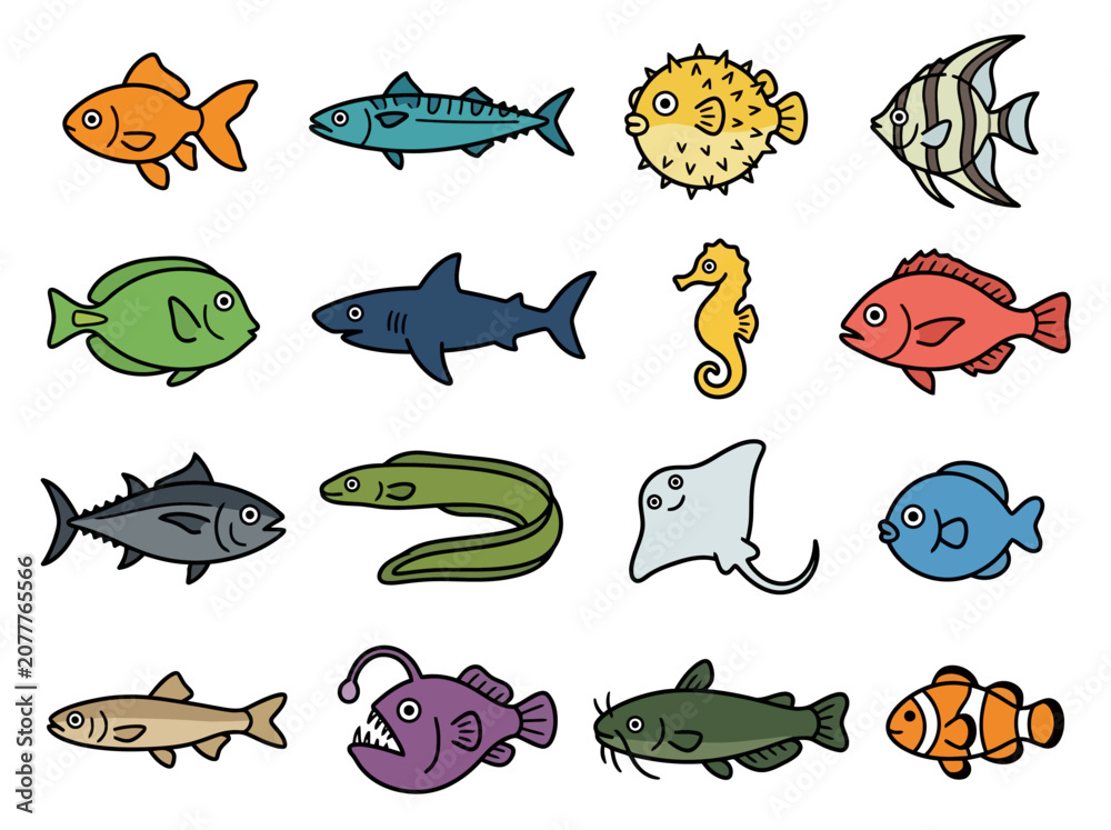 Obraz premium A collection of various colorful cartoon fish and sea creatures on a white background.