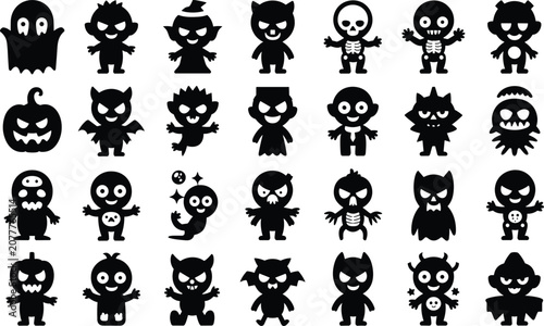 Canvastavla Halloween monster silhouette icons set with ghost pumpkin skeleton and spooky ch