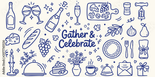 Cuadro en lienzo Celebration and Gathering Icons with Wine and Food Elements on a Light Backgroun
