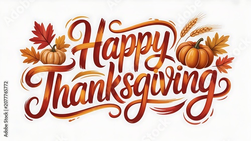 Artistic autumn calligraphy with pumpkins and leaves wishing a happy thanksgiving celebration