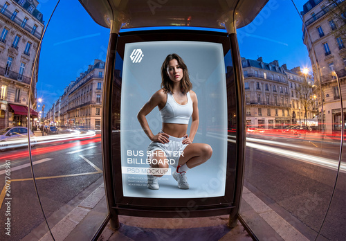 Billboard Bus Stop In European City at Night Mockup – Wide Angle Fisheye View
