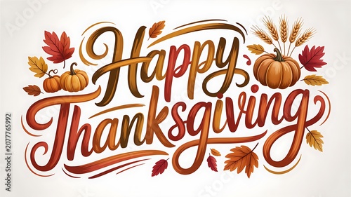 Decorative Happy Thanksgiving lettering with pumpkins and autumn leaves for the holiday season