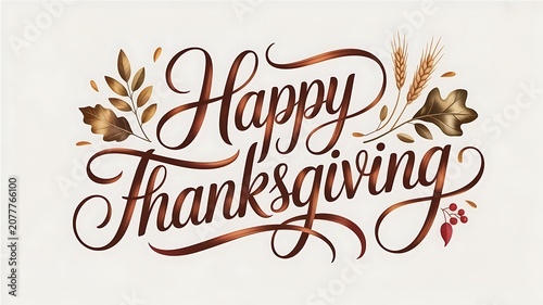 Elegant Happy Thanksgiving calligraphy with autumnal leaves and wheat stalks