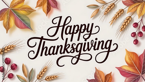 Elegant Happy Thanksgiving greeting with autumn leaves and wheat stalks surrounding the text