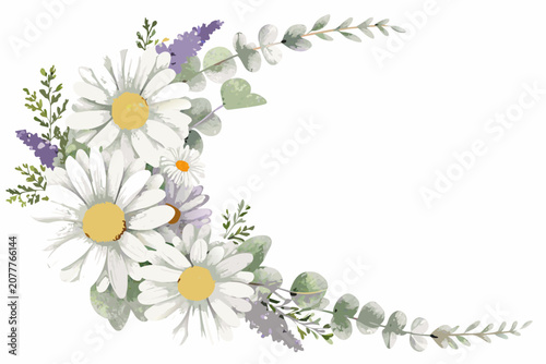 Watercolor daisy and eucalyptus arrangement floral corner design on white background