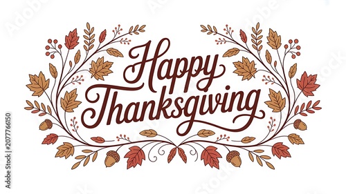 Festive autumn floral wreath with cursive Happy Thanksgiving text greeting