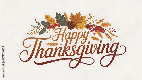 Happy Thanksgiving decorative handwritten text with autumnal foliage and berries design