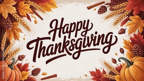 Happy Thanksgiving decorative elements with pumpkins and fall leaves creating an autumnal theme