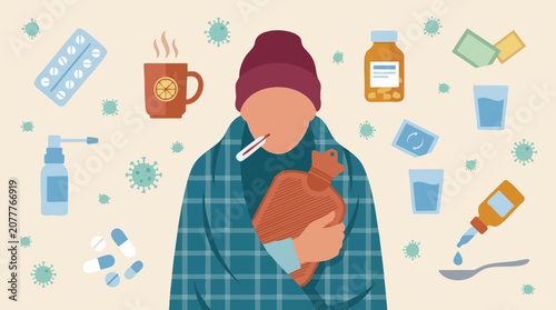 Photography Illustration of a sick person with cold and flu symptoms and remedies