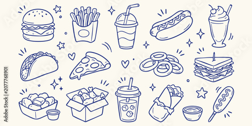 Foto Hand drawn doodle collection of popular fast food items with stars and sparkles