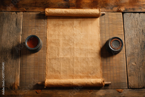 Blank Japanese Ancient Scroll Mockup Fully Unrolled on Wooden Surface, Top View