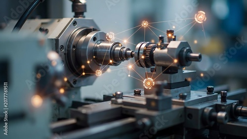 Industrial robotic arm welding metal parts in factory